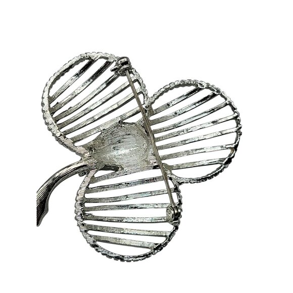 Paved Center 3 Leaf Clover Brooch Silver Tone Open Metal Work Clear Rhinestone - Picture 5 of 8